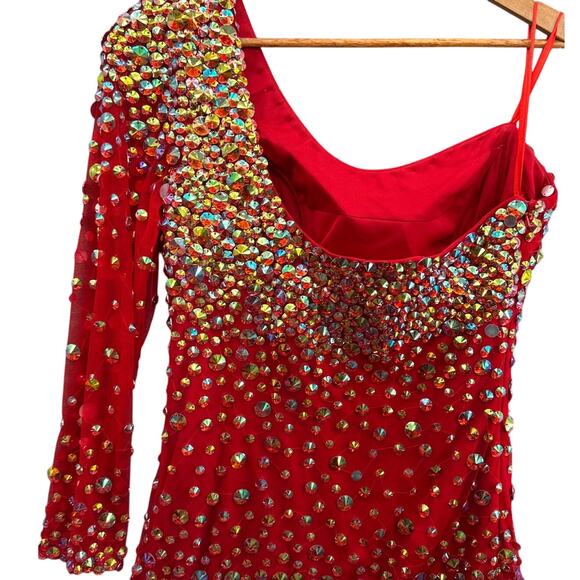 Angela & Alison Red Beaded One Sleeve Prom Formal Mini Short Dress Women 16 - Picture 7 of 10
